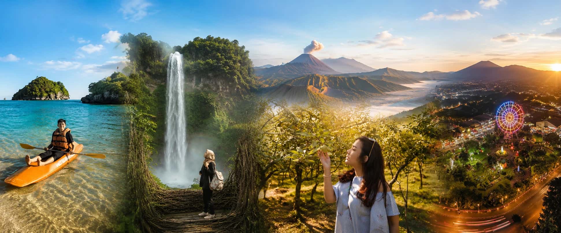 Banner destinasi wisata Jawa Timur — Bromo, Ijen, Tumpak Sewu, Menjangan